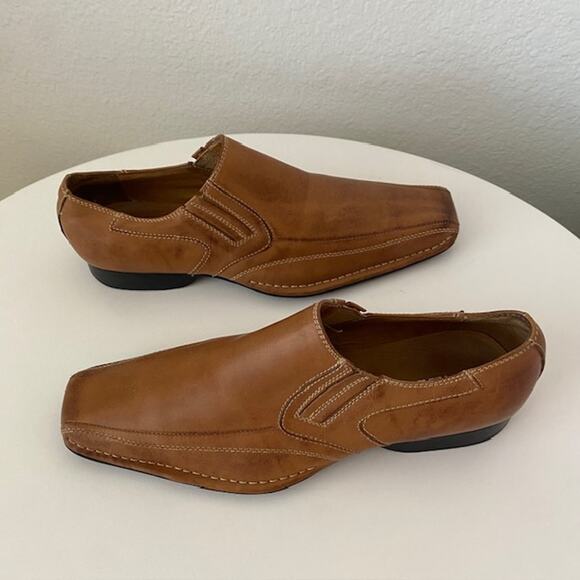 Aldo Loafers Cognac Brown Leather Slip-On Side Stretch Men's 41‎ (US 8) - Picture 1 of 15